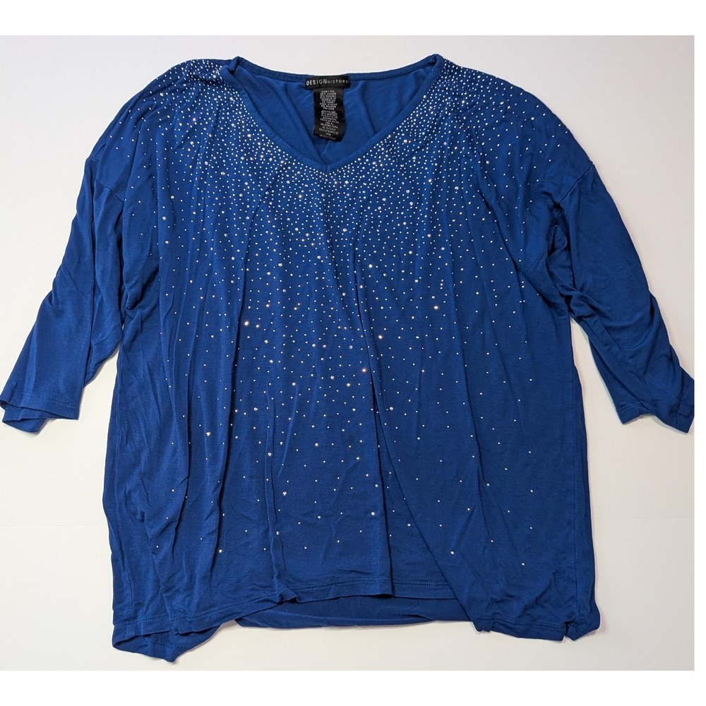 Design History Blouse Womens XXL Blue Excellent Rhinestone V-Neck 3/4 Sleeve Top